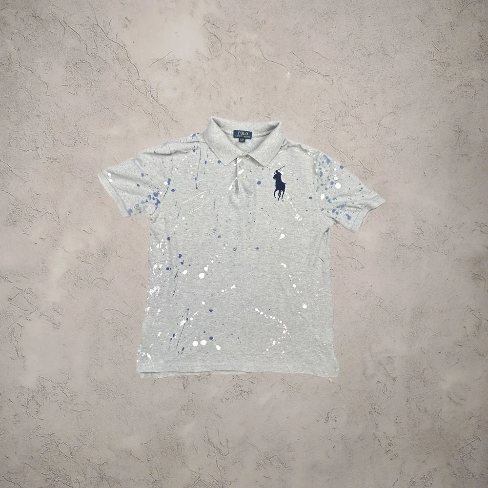Polo Ralph Lauren Paint‎ Splatter Big Pony Polo Shirt Grey M Y2K Streetwear